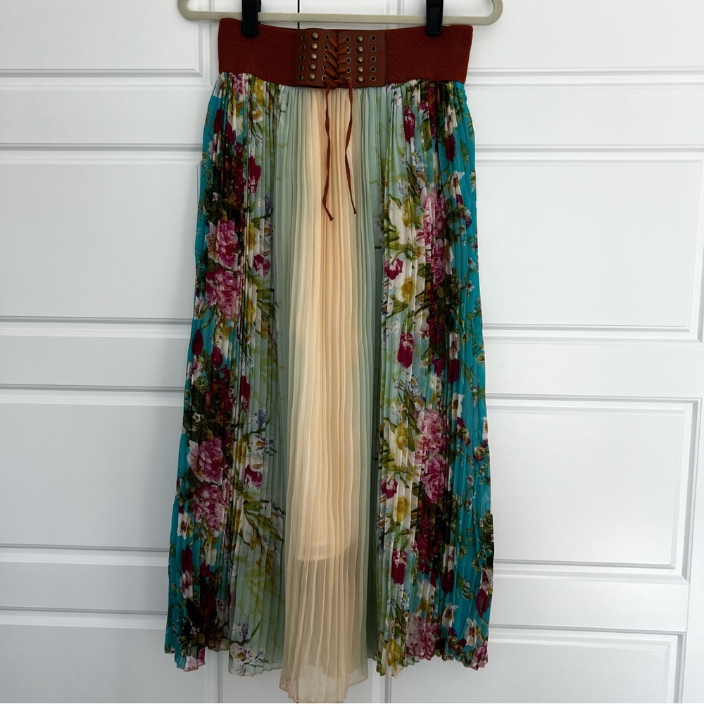 Boho Floral Print Pleated Festival Maxi Skirt Corset Belt Sz L